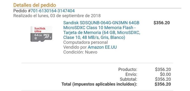 Amazon: Micro Sd Sandisk Ultra 64 GB.