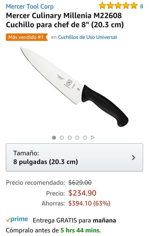 Amazon: Mercer Culinary Millenia M22608 Cuchillo para chef de 8" (20.3 cm)