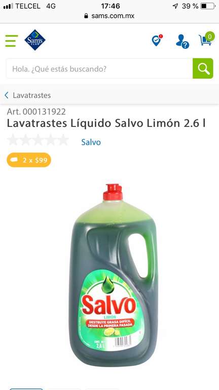 Sam's Club: Lavatrastes Salvo líquido limon 2.6L (2 x $99)