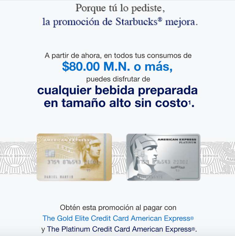 American Express y Starbucks: Bebida gratis a partir de consumo de $80 pagando con Gold Elite o Platinum Credit Card