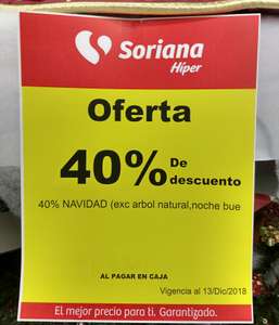 Soriana Hiper: 40% de descuento en artículos navideños (ej. Árbol 2.2 m de $1399 a $839)