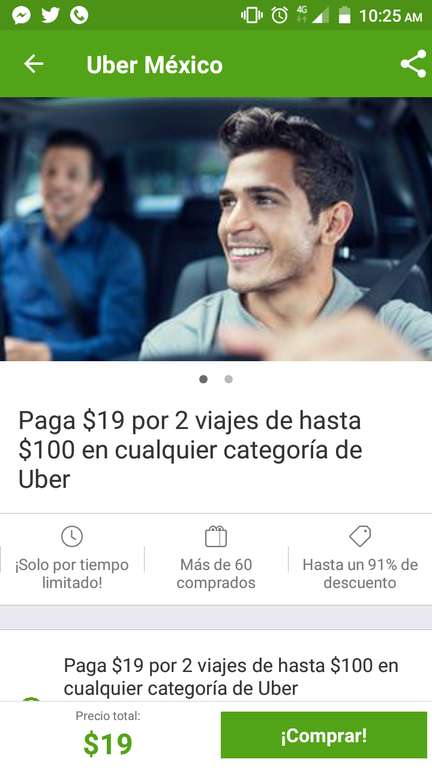Groupon: 2 viajes en Uber de hasta $100 (Nuevos usuarios)