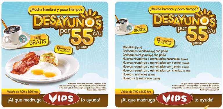 Vips: 9 tipos de Desayunos por $55 c/u
