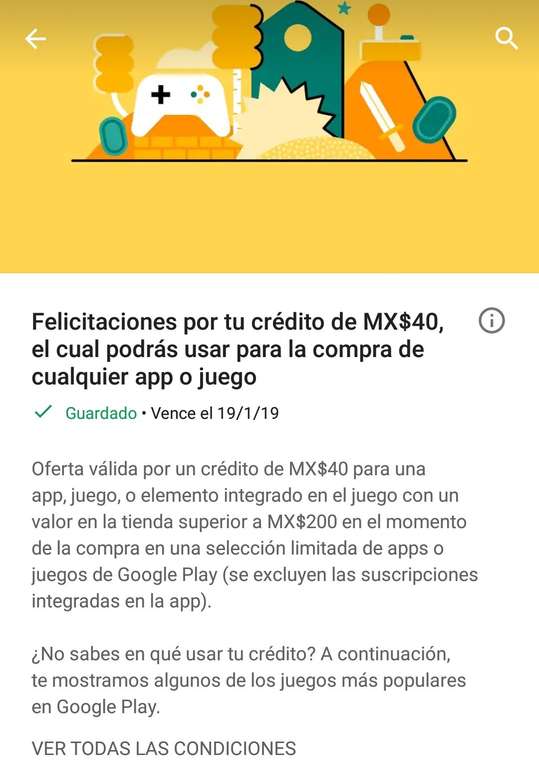 Google Play: $40 pesos de saldo para comprar aplicaciones