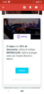 Cabify: 5 viajes al 50% nuevos usuarios al pagar con tarjeta METRO BROXEL