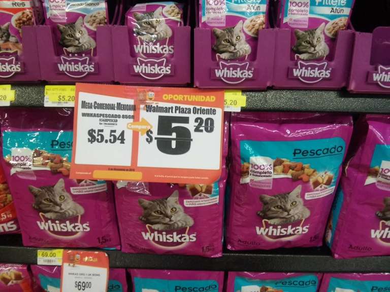 Walmart: Sobres Whiskas en $5.20 varios sabores, croquetas catchow 1.5kg varias presentaciones $69