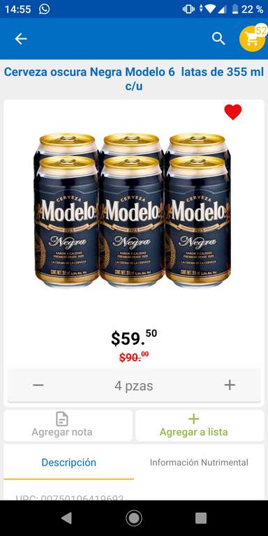 Walmart Súper: cerveza negra modelo lata $59 el six.