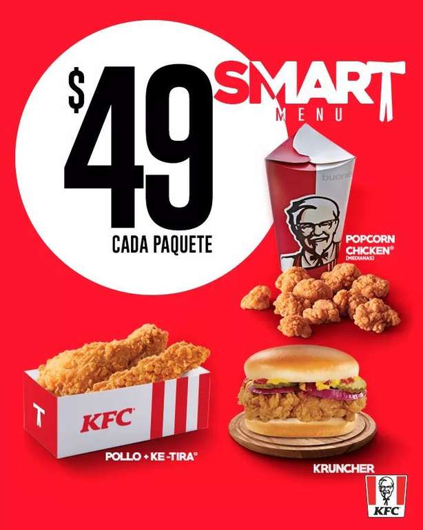 KFC: SMART MENÚ 3 opciones económicas de paquetes individuales