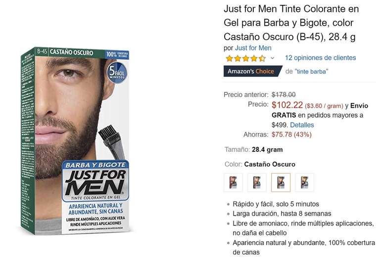 Amazon: Just for Men Tinte Colorante en Gel para Barba y Bigote, color Castaño Oscuro (B-45),