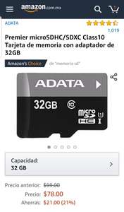 Amazon. Memoria ADATA 32 GB micro SD Clase 10 a $69