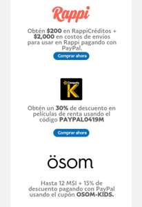 Paypal: promociones, cupones y descuentos (Rappi, Cinepolos Klic, Ösom, Linio, Privalia y más)