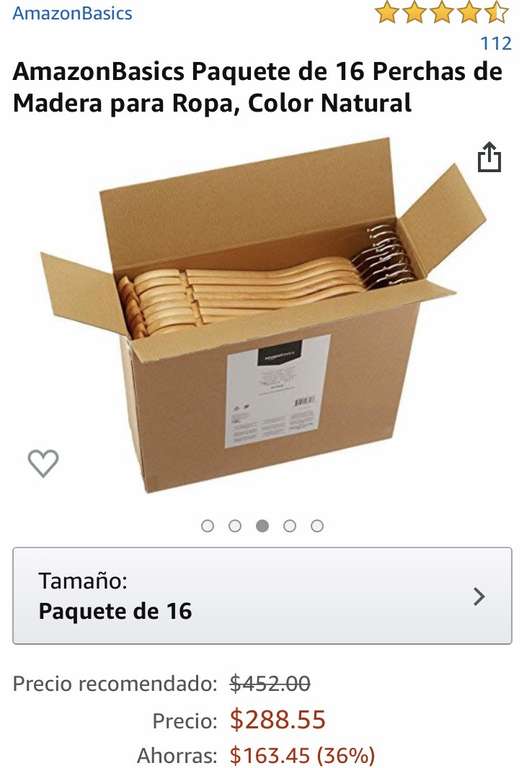 Amazon: AmazonBasics Paquete de 16 Perchas de Madera para Ropa, Color Natural