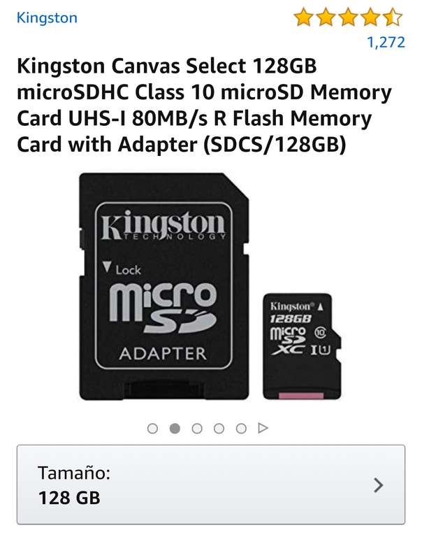 Amazon: Micro SD Kingston clase 10 128 gb