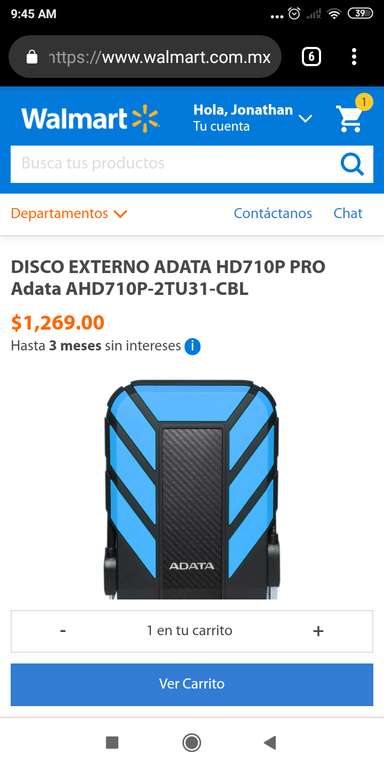 Walmart, disco duro externo Adata HD710P PRO de 2 teras