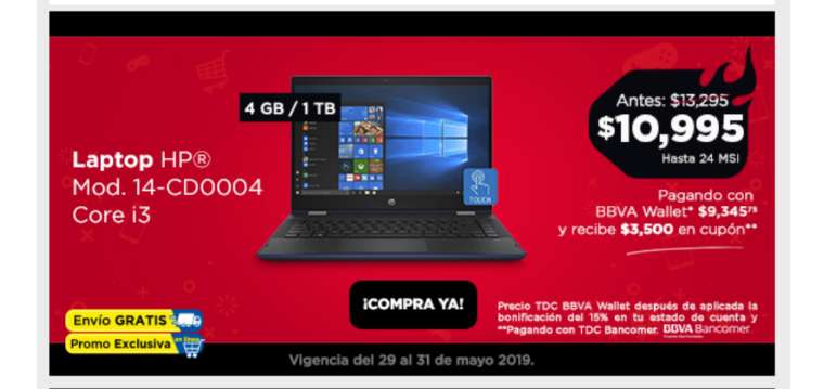 Chedraui: Laptop HP 14-CD0004 Core i3 4Gb 1Tb (Pagando con BBVA Wallet) y cupón de $3,500