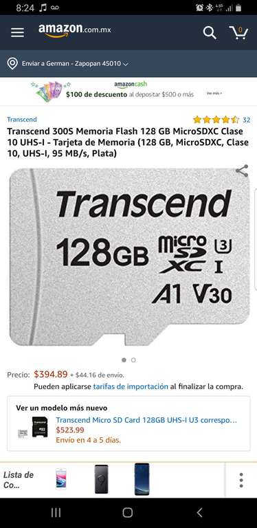 Amazon Transcend 300S 128 GB MicroSDXC Clase 10 UHS-I - Tarjeta de Memoria (128 GB, MicroSDXC, Clase 10, UHS-I, 95 MB/s, Plata)
