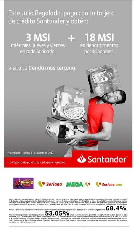 SORIANA: 3 MSI o 18 MSI en departamentos participantes con Santander