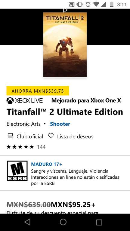 Microsoft Store: Titanfall 2 - Ultimate edition con Xbox Live Gold (a $158.75 sin Live Gold)