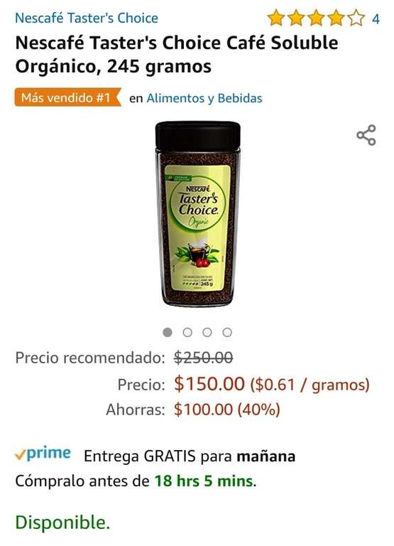 Amazon: Nescafé Taster's Choice Café Soluble Orgánico, 245 gramos, precio comprando 4