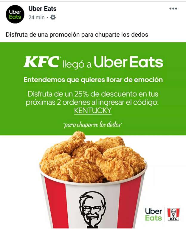 Uber Eats: KFC 25 % en dos órdenes