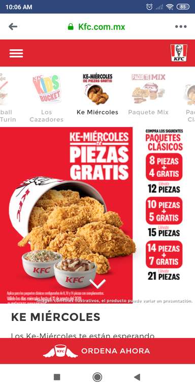 KFC, pollo gratis en paquetes de 8, 10 y 14 piezas los días miércoles