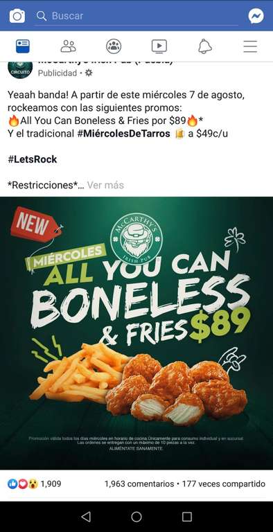 Miércoles en McCarthy's All You Can Boneless & Fries por $89* y el tradicional #MiércolesDeTarros  a $49 c/u