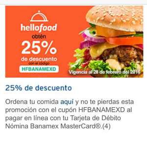 Hellofood 25% descuento Banamex