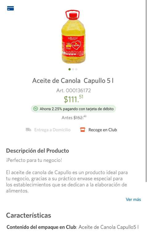 Sam's club online: aceite capullo 5 litros solo $109 ($21.80 por litro)