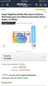 Amazon: Papel higiénico Regio Rinde+ de 12 rollos (Aplica en carrito del ahorro)