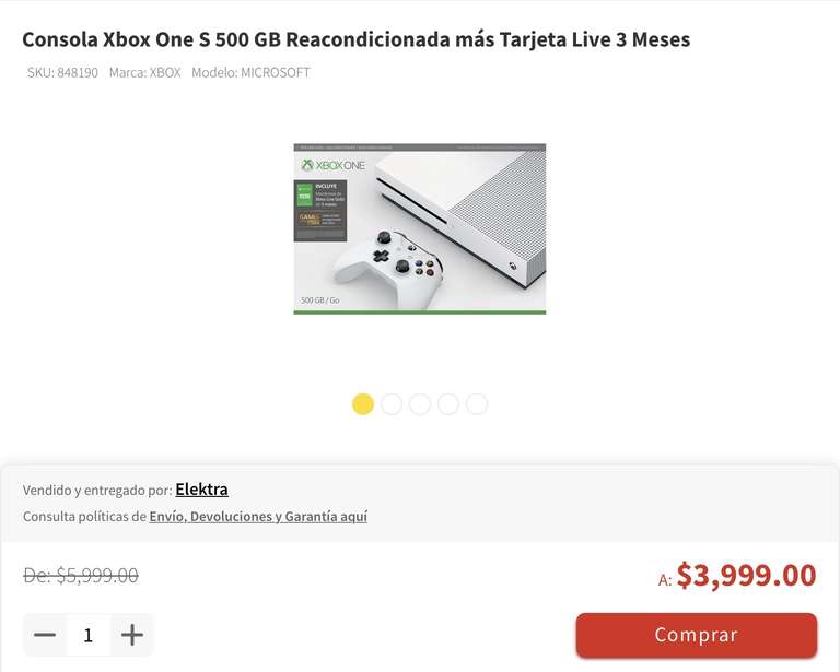 elektra Consola Xbox One S 500 GB Reacondicionada más Tarjeta Live 3 Meses