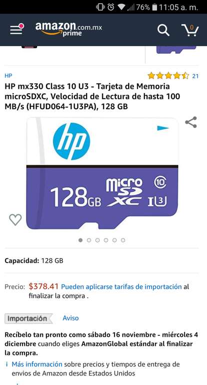 Amazon: Micro SDXC HP 128gb clase 10 U3