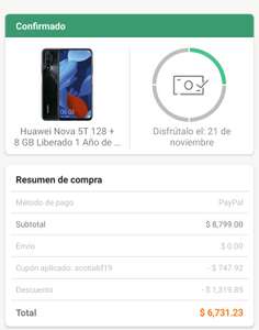 Linio: Huawei Nova 5T 8 GB Ram 128 GB(Pagando con Paypal)