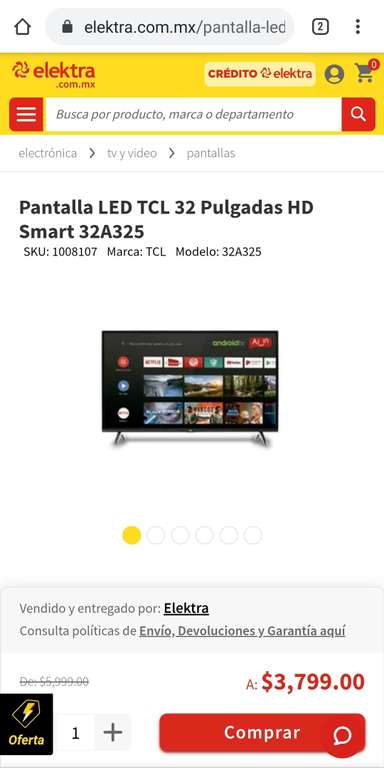 Elektra: Pantalla LED TCL 32 Pulgadas HD AndroidTV (Pagando con PayPal)