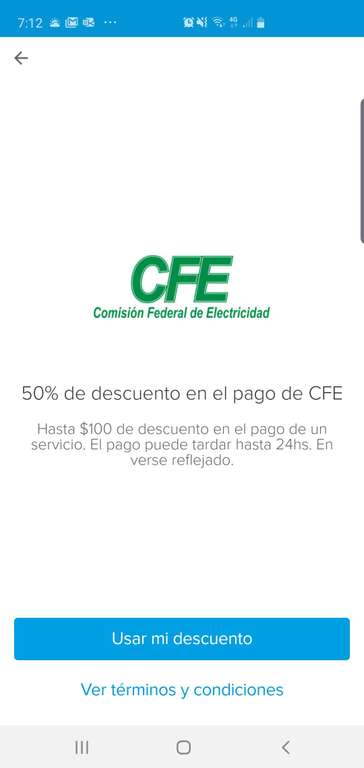 Mercado Pago: 50% de descuento al pagar tu recibo de CFE /usuarios seleccionados)