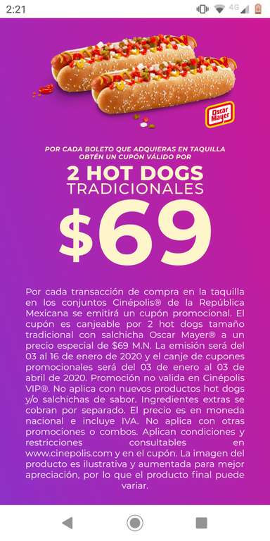 Cinepolis- cupon de 2 hot dog tradicionales por $69