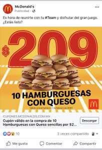McDonald's: 10 Hamburguesas con queso por $209