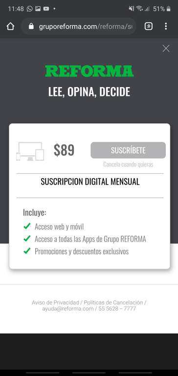 Periódico Reforma: Suscripción digital con 50% de descuento