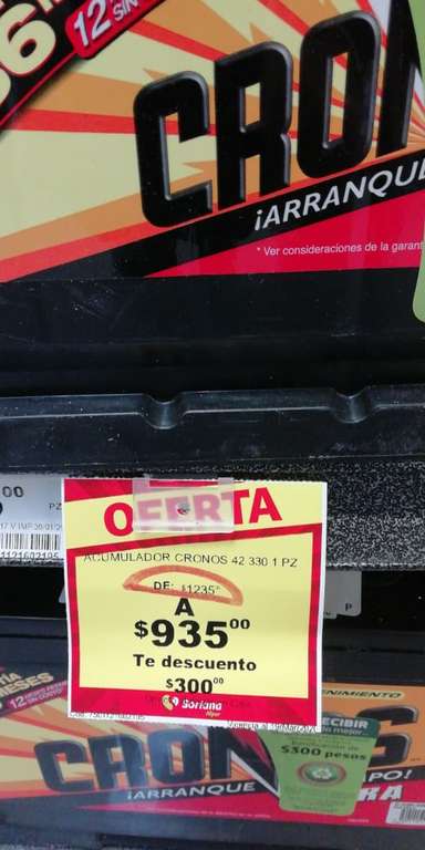 Soriana Bateria Cronos C42, en 935 menos aparte 300 pesos por cupon.