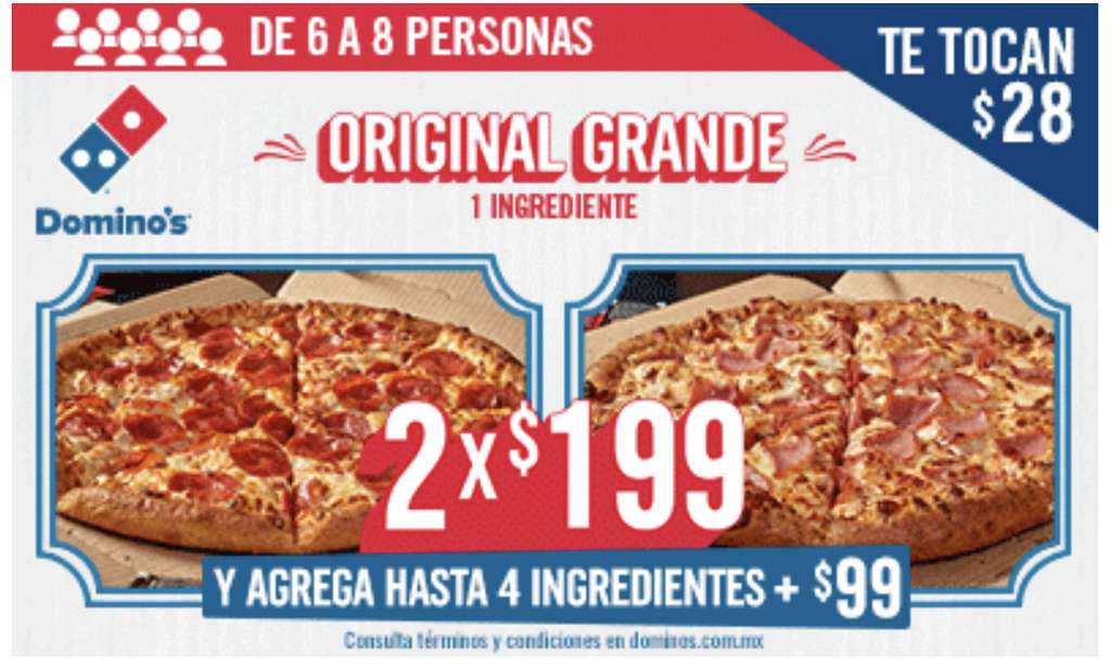 Domino's Pizza 2 pizzas grandes 1 ingrediente por 199 (Solo CDMX