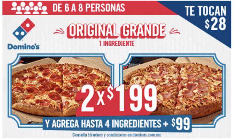 Domino's Pizza: 2 pizzas grandes 1 ingrediente por $199 (Solo CDMX)