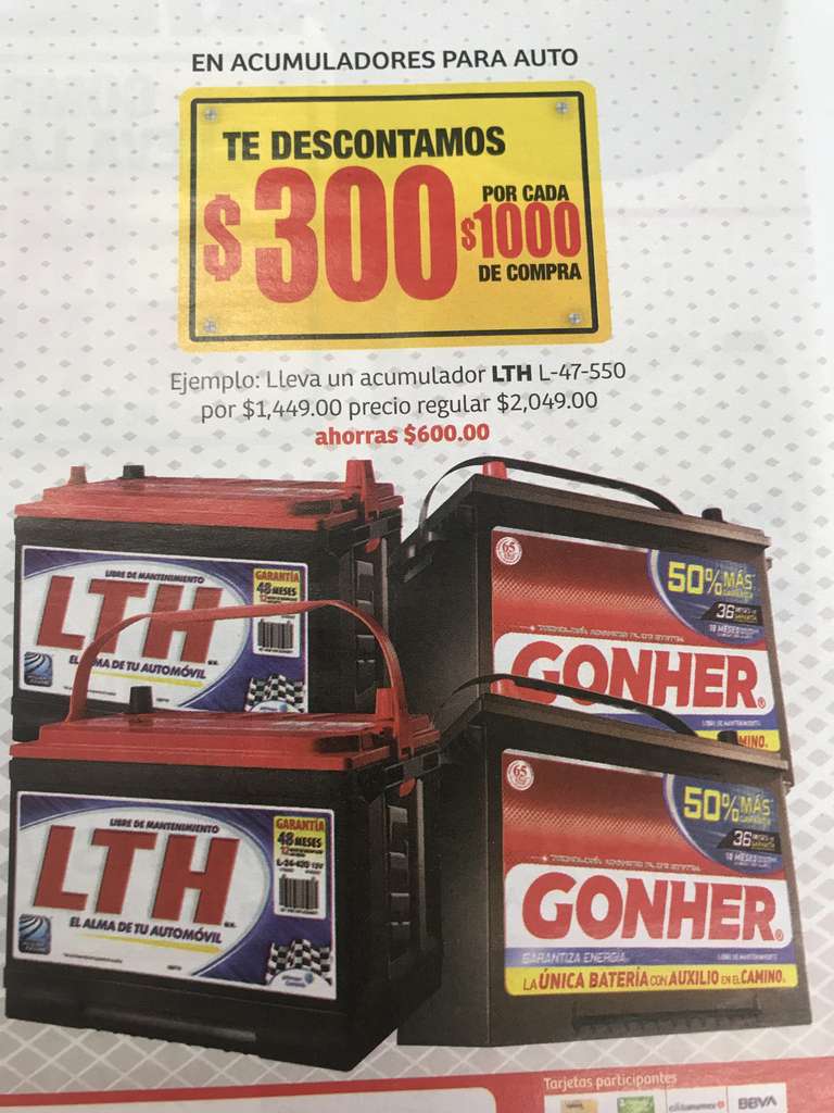 Soriana $300 de descuento por cada $1000 en baterías LTH