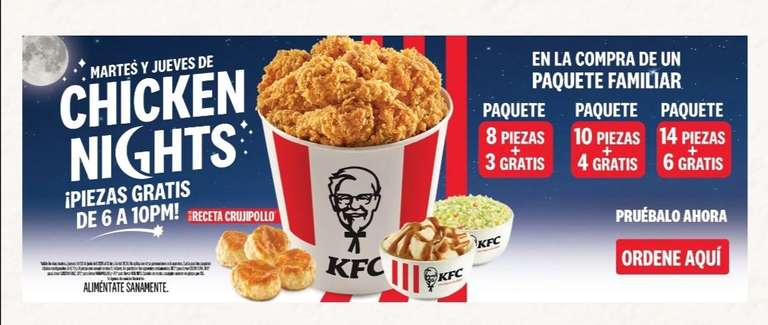 KFC: Piezas gratis en paquetes Martes y Jueves de 6 a 10 pm