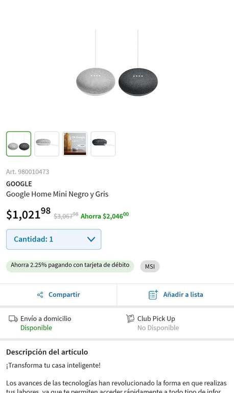 Sam's Club: Dos Google Home Mini. Negro y gris