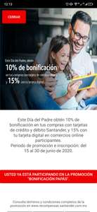 Santander: Bonificación de 10 o 15% en compras por día del Padre, máximo $400