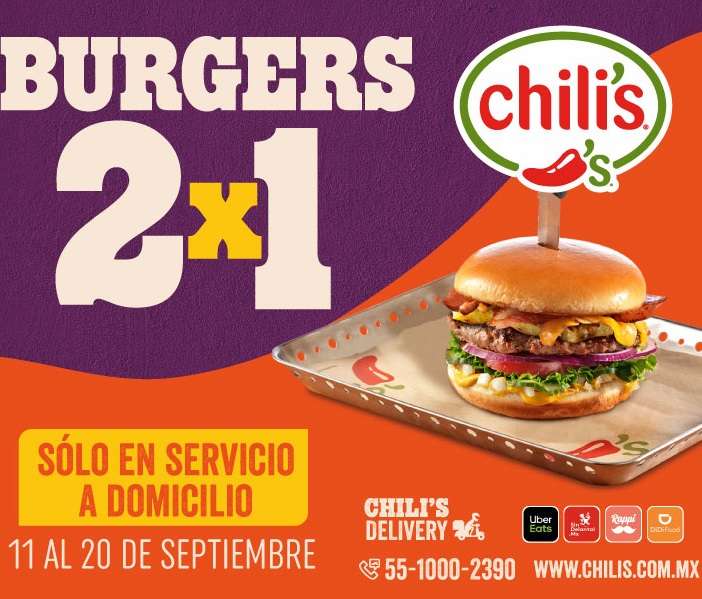 Chili's: 2x1 en Hamburguesas a Domicilio y otras promociones.
