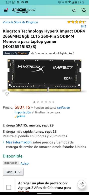 Amazon: Kingston Technology HyperX Impact DDR4 2666MHz 8gb CL15 260-Pin SODIMM