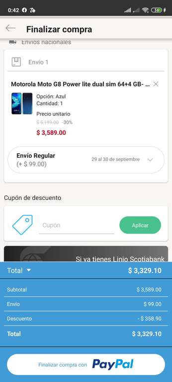 Linio: Moto G8 power Lite envío incluído (con PayPal)