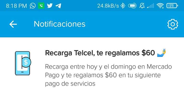 MercadoPago: Recarga Telcel y $60 pesos de descuento en próximo pago de servicios.