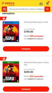 Elektra: Red Dead Redemption 2 PS4 $799 y Xbox One $699