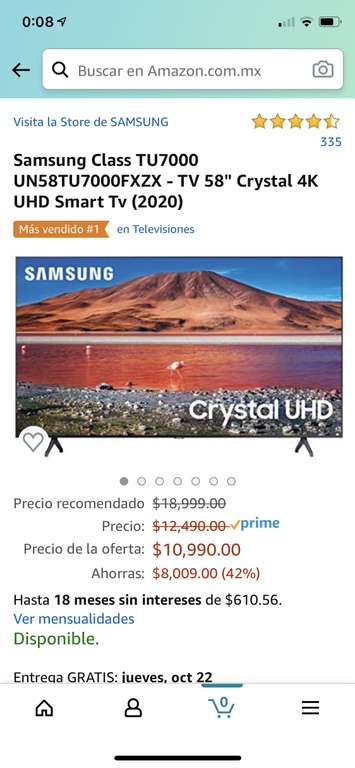 Amazon: Pantalla Samsung Class UN58TU7000FXZX - TV 58" Crystal 4K UHD Smart Tv (2020) pagando con Banorte